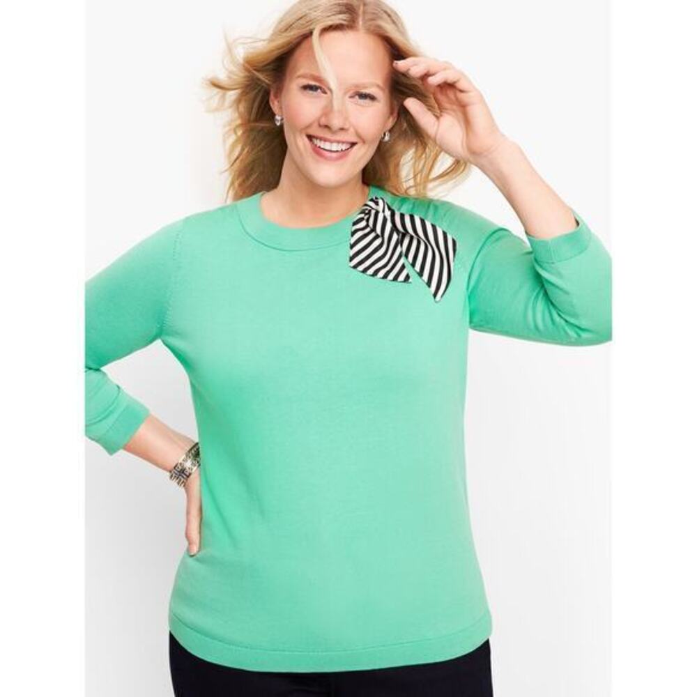 Talbots STRIPE SCARF DETAIL green SWEATER silk blend 3/4 sleeve sz large petite